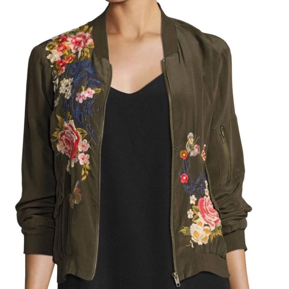 Johnny Was Lucy crepe de chin silk Floral Embroidered Bomber Jacket - Picture 5 of 10
